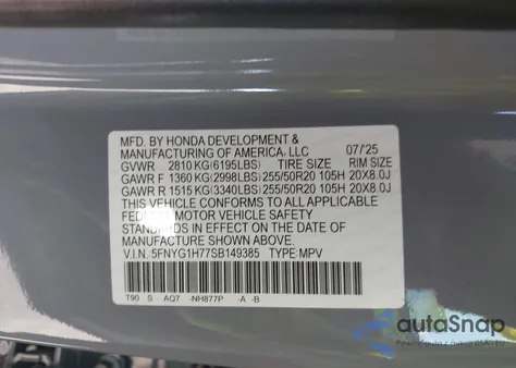2025 Honda Pilot Touring from USA, damaged, VIN 5FNYG1H77SB149385